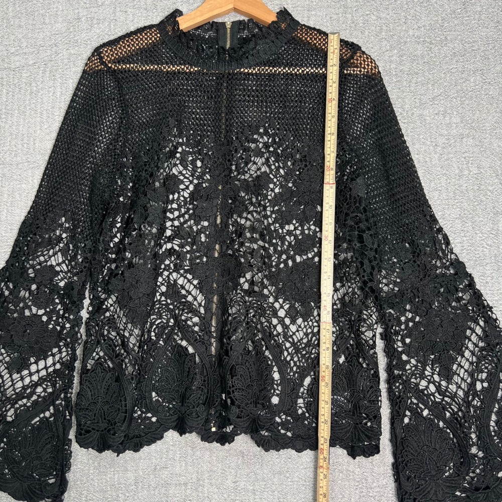 Crochet Grunge Lace Top Black Floral Sheer Bell Sleeve M Dark Fairy Whimsigoth - Picture 5 of 13